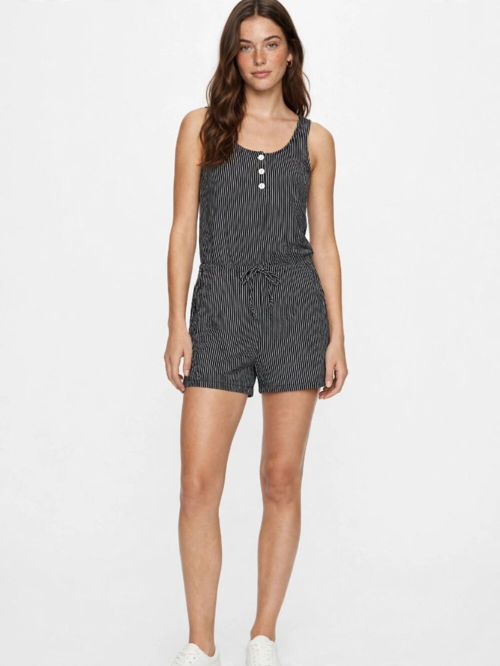 Heart & Hips Striped Sleeveless Romper Black White Drawstring Waist NWT — Size L